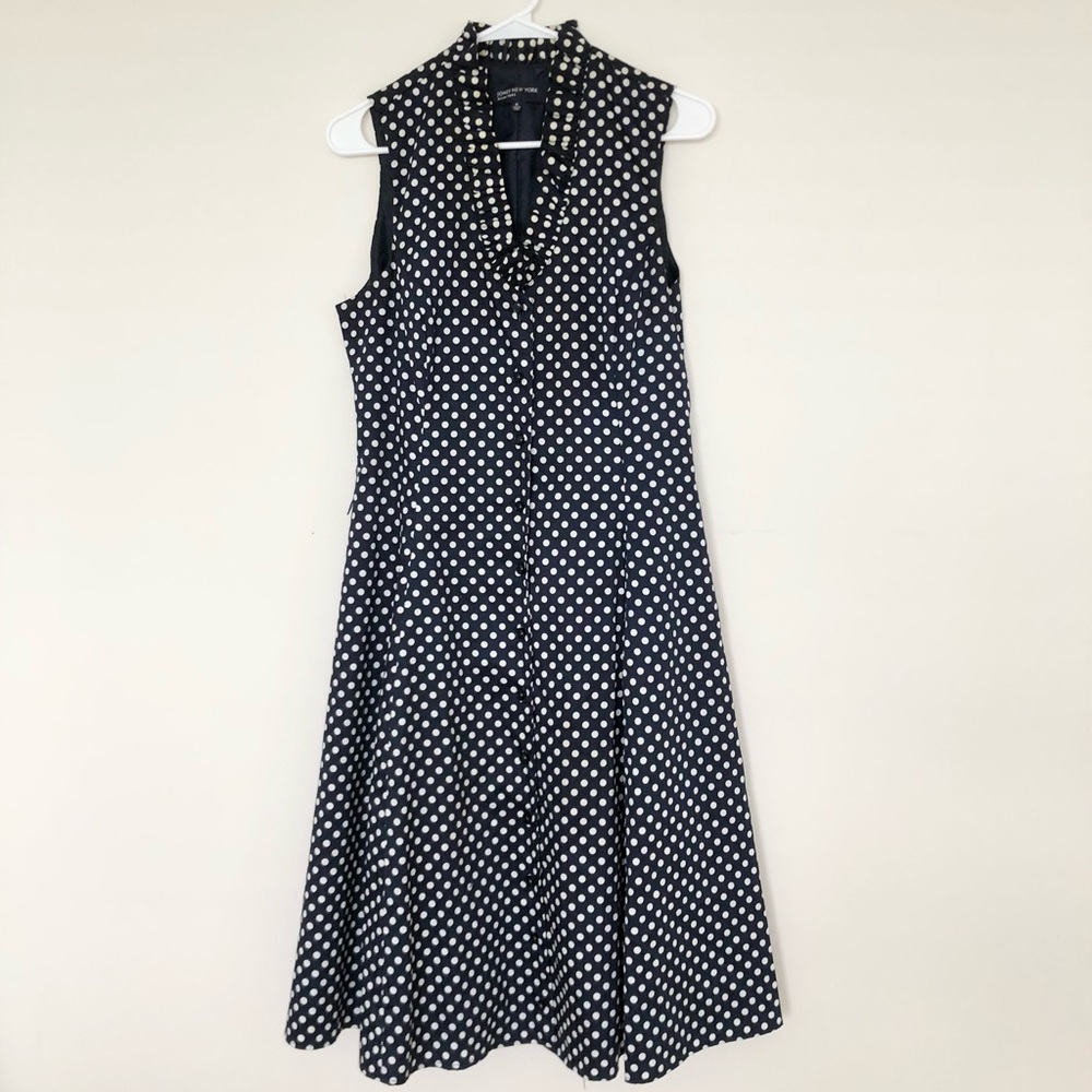 Navy Blue White Polka Dot V-Neck Ruffle Dress - Picture 2 of 9